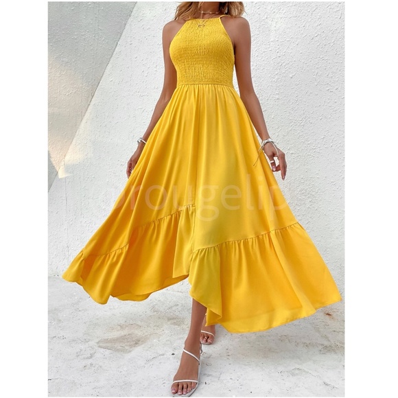 Shirred Cami Yellow Flared Maxi Long Dress Asymmetrical Hem - Picture 3 of 14